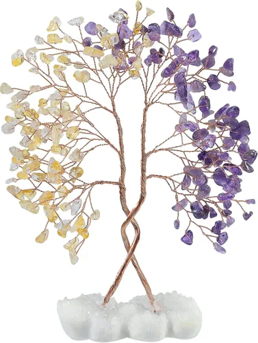 Miniatura 8 de mookaitedecor Árbol de cristal natural de cuarzo rosa y aguamarina con doble corazón de roca de cuarzo con base de piedra, bonsái, árbol de la vida