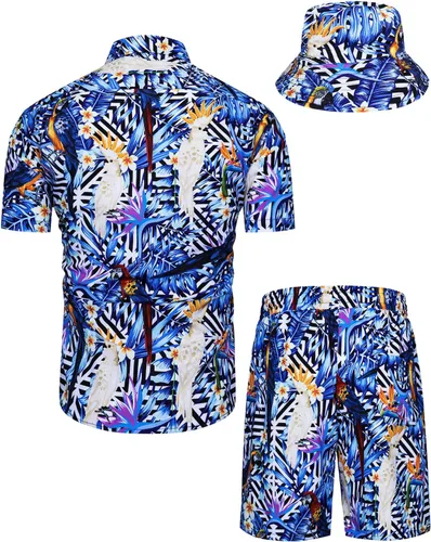 Miniatura 72 de TUNEVUSE Conjunto de camisas y pantalones cortos hawaianos para hombre, 2 piezas, trajes de playa con estampado de flores, traje tropical de verano