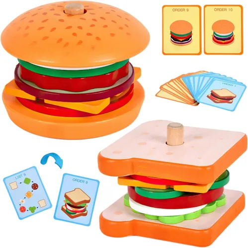 Miniatura 10 de Juguetes de hamburguesas de madera para apilar para niños, alimentos de juego Montessori para niños pequeños, juguetes educativos para niños de más