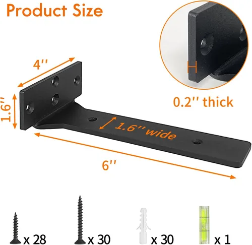Miniatura 2 de Soportes flotantes para estantes, soporte industrial resistente de 6 pulgadas, soportes en L de metal negro para estantes, soporte para bricolaje