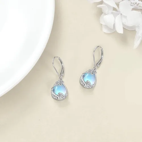 Miniatura 214 de Aretes colgantes con forma de lágrima de filigrana de piedra lunar de plata de ley 925 con cierre de palanca para mujer, regalos de joyería