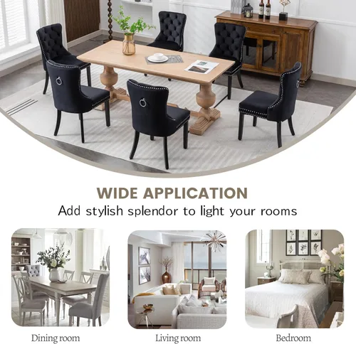 Miniatura 7 de KCC Nikki Collection - Juego de 2 sillas de comedor de terciopelo tapizadas de alta gama con anillo trasero de clavo, patas de madera maciza