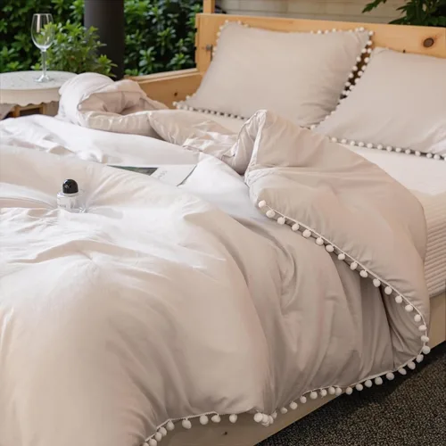 Miniatura 10 de Bedbay Juego de edredón bohemio color beige, edredón con pompones, decoración de habitación estética, bonito juego de ropa de cama con flecos