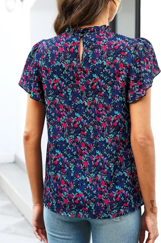 Miniatura 4 de SimpleFun - Blusas de verano con volantes y cuello de moca estilo bohemio para mujer, manga corta, estampado floral