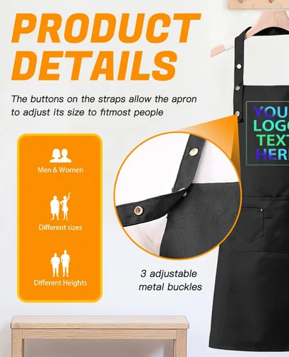 Miniatura 3 de Custom Apron with Pocket, Printed in USA, Personalized NameLogo, Adjustable Ties for Baking, Cooking for WomenMen