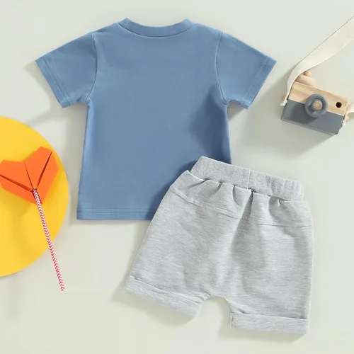 Miniatura 12 de Conjunto de traje de verano para bebé niño pequeño, manga corta, cuello redondo, letras impresas, lindo traje de verano, conjunto de 2 piezas