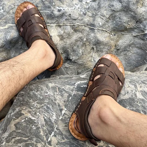 Miniatura 7 de VOCECO - Sandalias de cuero para hombre con puntera abierta, ajustables, ligeras, para playa y verano