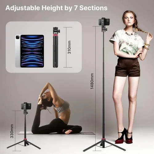 Miniatura 3 de ULANZI MT-71 Trípode extensible para selfie stick de 57.48 pulgadas con abrazadera para teléfono y zapata fría, poste de aluminio de 7 secciones