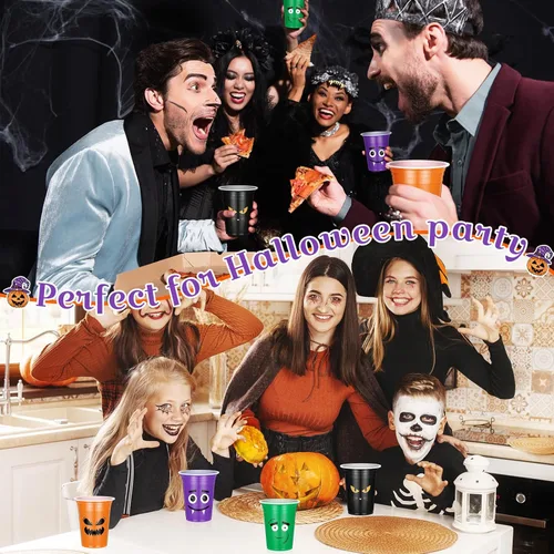 Miniatura 5 de Dandat 120 vasos de plástico desechables para fiesta de Halloween de 12 onzas, tazas de calavera de calabaza para Halloween, suministros de fiesta