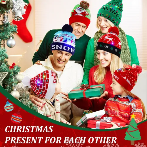 Miniatura 4 de Vicenpal Paquete de 15 gorros de Navidad con luces LED, gorro de punto con luz de Navidad, gorro de suéter de Navidad, suministros de fiesta