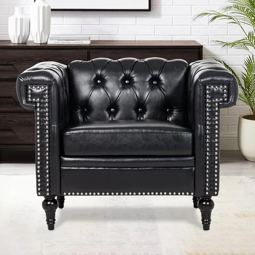 Miniatura 8 de Sofá Chesterfield de piel sintética negra para sala de estar, asiento profundo, cómodo sofá de 3 plazas de gran tamaño, con botones, con cabeza