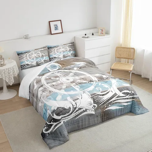 Miniatura 4 de Erosebridal Juego de edredón de ancla náutica, juego de ropa de cama con brújula oceánica, tamaño individual para niños, adolescentes y adultos