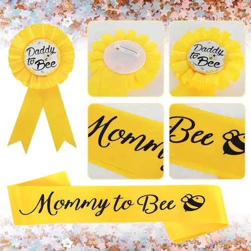 Miniatura 5 de Decoraciones de baby shower, 2 paquetes de banda amarilla de mamá a abeja y insignia de papá a abeja, decoraciones de revelación de género de abeja