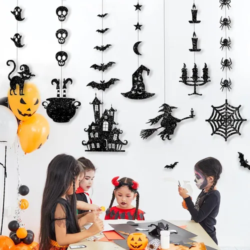 Miniatura 8 de Guirnalda colgante de Halloween negra con purpurina, fantasmas, brujas, murciélagos, arañas, casa encantada, gato y más, suministros de fiesta
