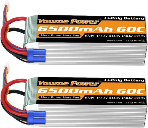 Youme 6S Lipo Batería EC5, 2 paquetes 22.2 V RC LiPo Batería 6500mAh 60C con EC5 Plug para Arrma 1/7 1/8 RC Car Truck DJI E-Flite Align Avión
