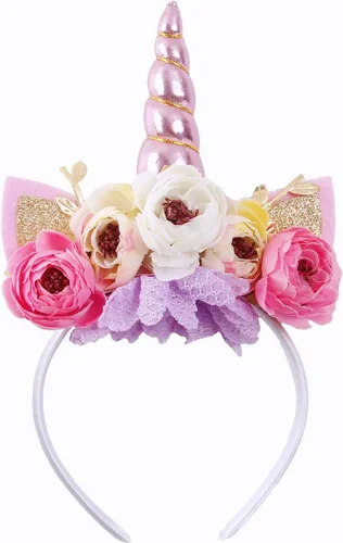 Miniatura 11 de Nishine Diadema de cuerno de unicornio con purpurina para niñas, diadema de camelia pony, banda para el pelo de flores, tiara para fiesta, regalo