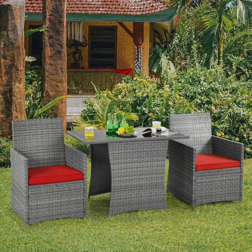 Miniatura 2 de HAPPYGRILL Juego de muebles de patio de 3 piezas, juego de mimbre de ratán PE para exteriores, con cojines lavables y mesa de vidrio templado