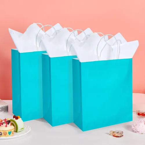 Miniatura 4 de DjinnGlory Paquete de 50 bolsas de regalo de papel azul turquesa de tamaño mediano con asas de 10 x 8 x 4 pulgadas y 50 papel de seda blanco