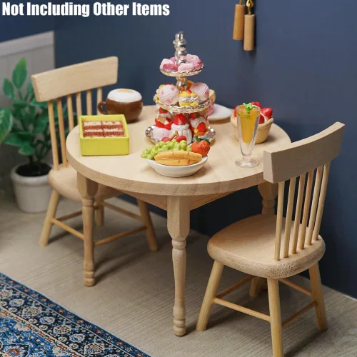 Miniatura 6 de Odoria Mesa de comedor en miniatura 1/12 y 2 sillas, accesorios para muebles de cocina, Burlywood
