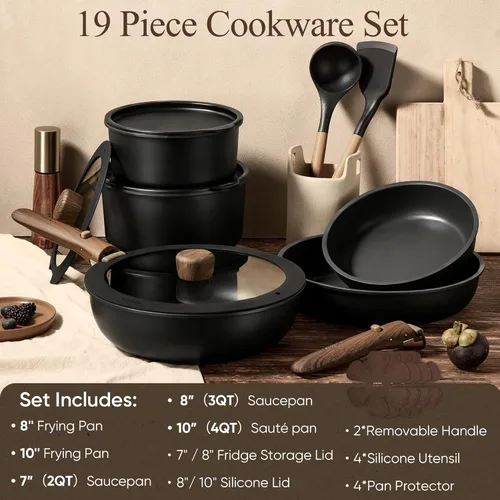 Miniatura 2 de CAROTE 19 piezas ollas y sartenes antiadherentes, juegos de utensilios de cocina con mango desmontable, ollas y sartenes de cocina de inducción