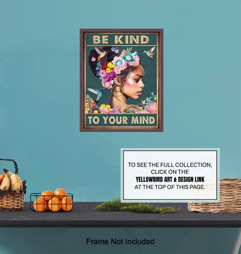 Miniatura 7 de Arte de pared de mujeres afroamericanas negras – Chica negra – Be Kind to Your Mind - Citas inspiradoras - Colibríes Salud mental Póster de arte
