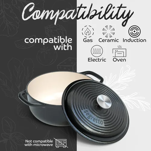 Miniatura 4 de Segretto Cookware Horno holandés de hierro fundido esmaltado con asa, 4.57 cuartos de galón, negro de 4.57 cuartos de galón, apto para horno, olla