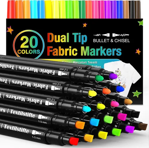 KERIFI Marcadores de tela de doble punta permanentes para ropa, 20 colores para decoración de tela para niños, marcadores de zapatos de camiseta