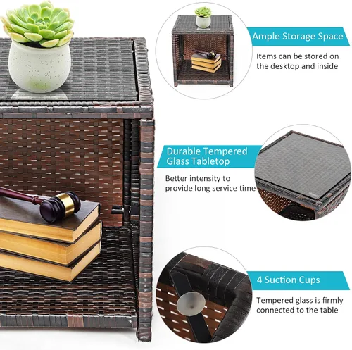 Miniatura 8 de Tangkula Juego de muebles de ratán de polietileno de 3 piezas, juego de conversación de patio con silla y mesa de café de almacenamiento, cojín