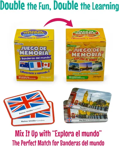 Miniatura 5 de Menique Paquete de juego de memoria español – Banderas del Mundo + Explora el Mundo – 200 cartas, 100 pares – Banderas, capitales y lugares icónicos