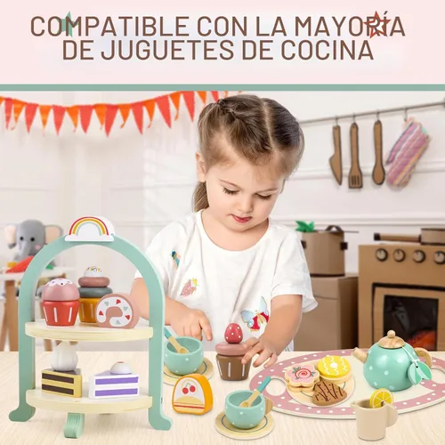 Miniatura 5 de Juego de juguetes de madera para tartas, juego de fiesta de té, juguete de comida de postres con soporte para cupcakes, accesorios de cocina