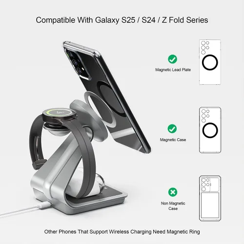 Miniatura 6 de Cargador inalámbrico para Samsung: Estación de carga inalámbrica magnética 3 en 1 para Samsung S26 S25 S24 Ultra S23 S22, soporte de muelle