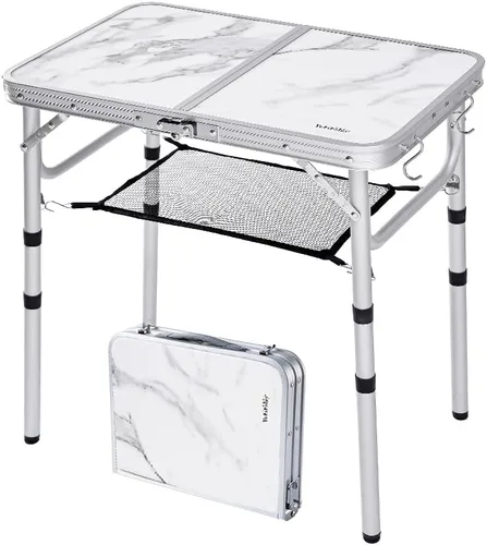Miniatura 8 de YUFIFAIRY Mesa de campamento plegable pequeña, mesa portátil de 2 pies con 3 alturas ajustables, mesa de picnic plegable ligera de aluminio con capa