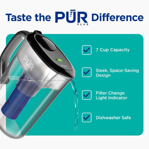 Miniatura 2 de PUR Plus jarra de filtro de agua de 7 tazas, limpiador, agua de gran sabor, apta para lavavajillas, potente, filtración que reduce el plomo, diseño