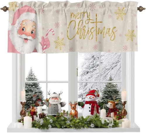 Miniatura 12 de Cenefa de Navidad para ventanas, cenefas de Papá Noel, cenefa con bolsillo para barra, tratamientos de ventana, cortinas cortas a cuadros rojos