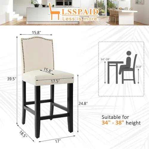 Miniatura 3 de LSSPAID Juego de 2 taburetes de bar, de 28.5 pulgadas, modernos tapizados de tela, taburetes de bar con respaldo de cabeza de clavo y patas de Beige