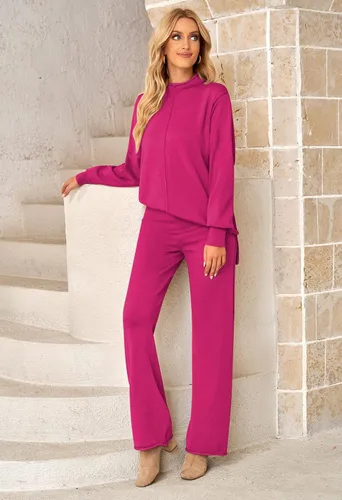 Miniatura 7 de Linsery Conjunto de suéter de 2 piezas para mujer, cuello alto, suéter de punto de pierna ancha, sudadera casual