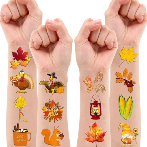 Miniatura 6 de 96 piezas de tatuajes temporales precortados para otoño y otoño, decoración de fiesta de cumpleaños, suministros de decoración de Acción de Gracias