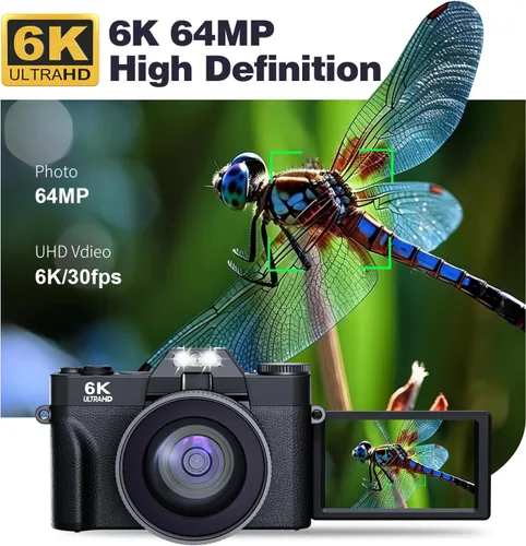 Miniatura 2 de Cámara digital 6K de 64 megapíxeles para fotografía y videoblogs para YouTube, pantalla giratoria de 180°, zoom autofocus de 16X, cámara de belleza