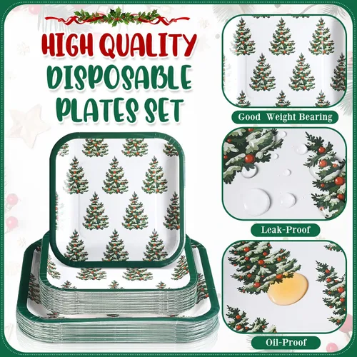 Miniatura 3 de Layhit Juego de 80 platos de papel de Navidad a granel de 7 x 9 pulgadas, juego de platos cuadrados desechables de Navidad verde, árbol de Navidad
