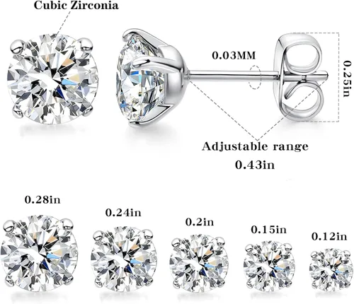 Miniatura 5 de 18K White GoldGold Plated Round Cut Cubic Zirconia Stud Earrings Sets for Women and Men 5 Pairs 3-7mm