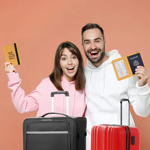 Miniatura 5 de Casmonal Funda para pasaporte, cartera con bloqueo RFID, funda de cuero, organizador de documentos de viaje, Combo de vacunación amarillo