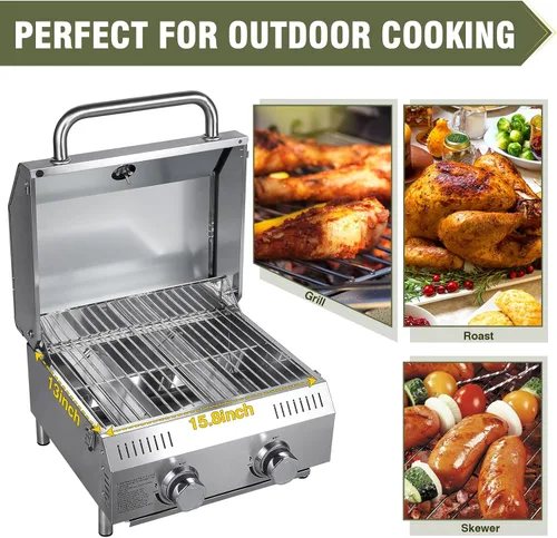Miniatura 5 de Bestfire - Parrilla de gas propano de mesa, 2 quemadores, 20,000 BTU Parrilla de propano portátil de acero inoxidable con patas para patio al aire