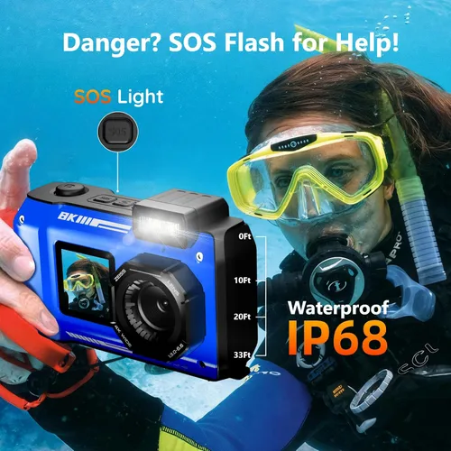 Miniatura 3 de Cámara digital subacuática 8K - MaxMango 70MP 33FT Cámara impermeable con tarjeta 64G - Cámara submarina para esnórquel flotante de doble pantalla