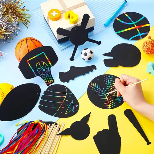 Miniatura 3 de Qilery Juego de 70 piezas de papel deportivo para raspar con lápiz óptico de madera y cintas, pelota deportiva, almohadilla de papel arcoíris