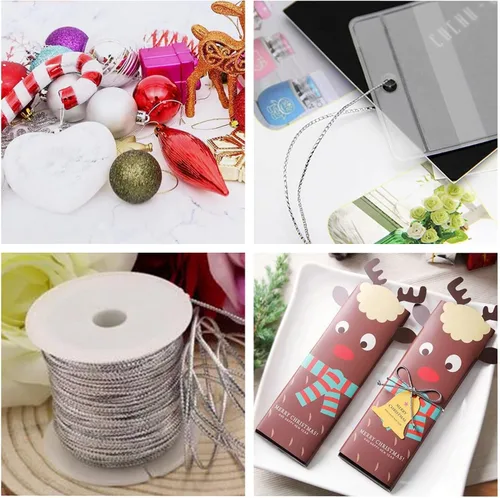 Miniatura 6 de Cordón elástico metálico para colgar adornos, decoración, envoltura de regalos, 0.039 in, 65 yardas (plateado)