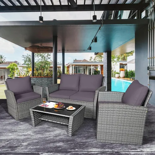 Miniatura 4 de Tangkula - Juego de muebles de patio de 4 piezas, conjunto de sofá seccional para todo clima de ratán para exteriores con cojines y mesa de cristal