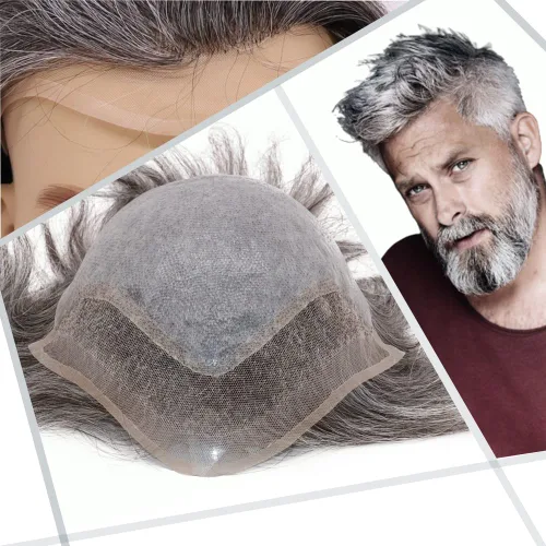 Miniatura 12 de Toupee - Peluca de cabello humano europeo con encaje frontal suizo y línea capilar natural para hombre, con piel sintética, sistema de reemplazo