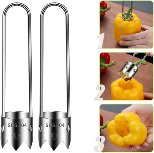 Miniatura 13 de Runsgo Descorazonador de semillas de pimiento rojo, descorazonador de frutas de acero inoxidable 2024, para verduras y frutas (1 unidad)