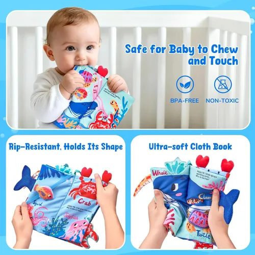 Miniatura 3 de JoyCat Ocean Libros de Bebé Juegos 0-6 Meses, Libros de Tela para Baby Shower Regalos para Recién Nacidos para Niños Niñas Relleno de Medias, Libro