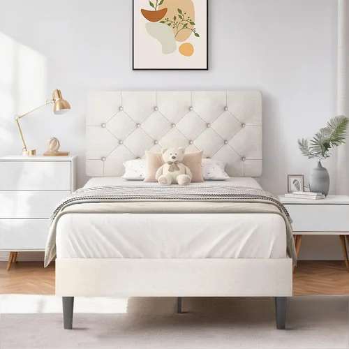 Miniatura 17 de HOMBCK Marco de Cama Queen con Cabecera Capitoné con Botones, Marco de Cama de Plataforma Tapizada Azul, Tela Suave/Soporte de Listones de Madera/No